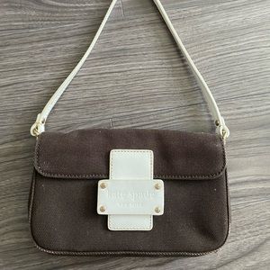KATE SPADE vintage brown and white handbag,navy blue and gold interior, used